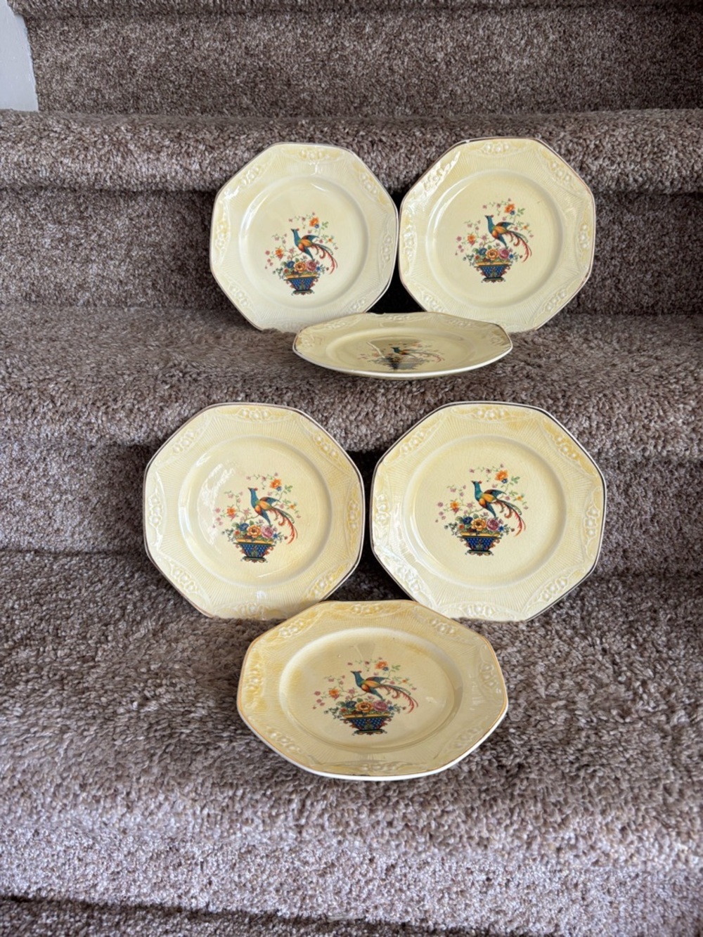 Antique Yellow Floral & Bird Salad Plates - Set of 6